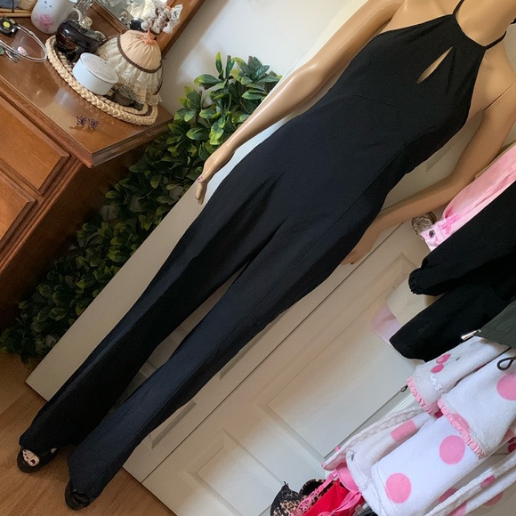 Vtg 90s black backless halter Empire stretch flare jumpsuit onesie pantsuit S M - Picture 1 of 13